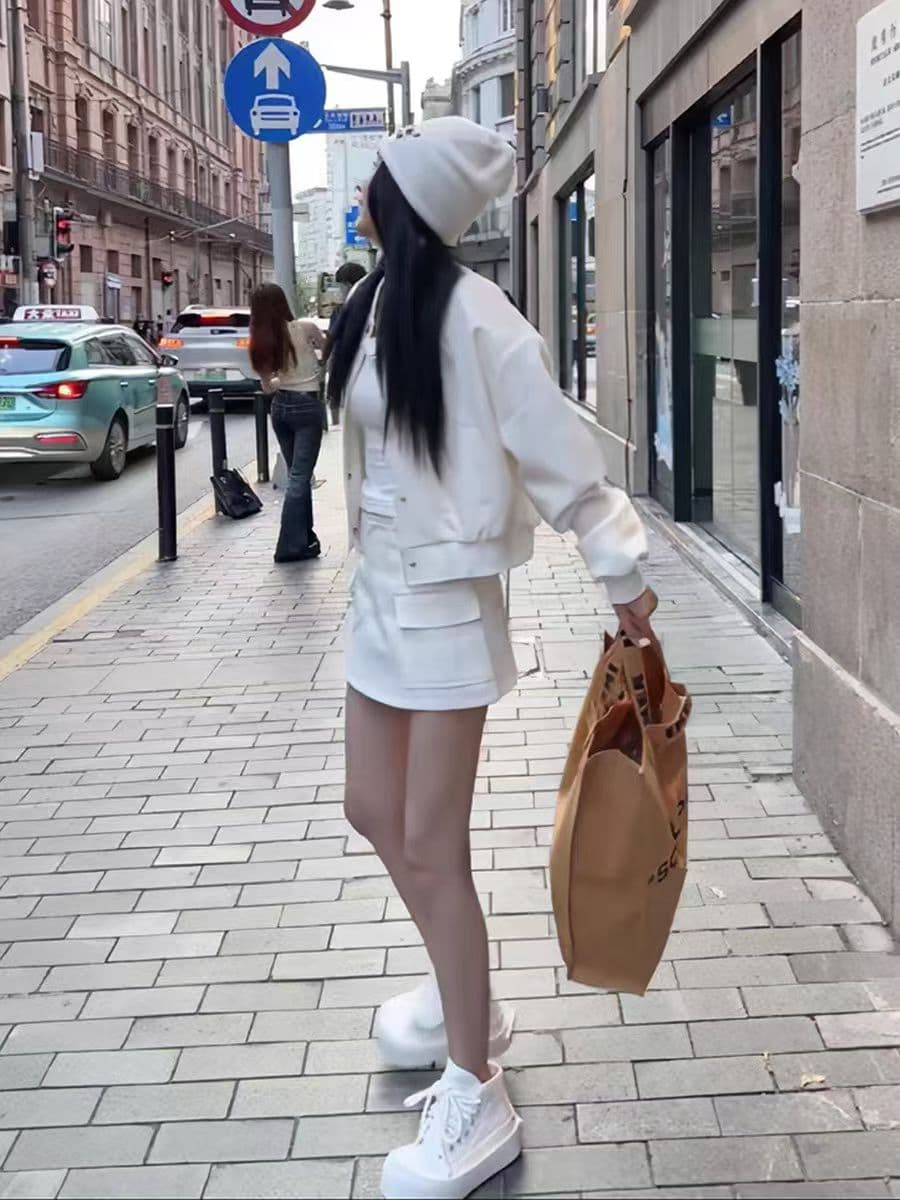 아메리칸 레트로 사선 무늬 야구 외투 반신 치마 세트 t 상세 이미지 3