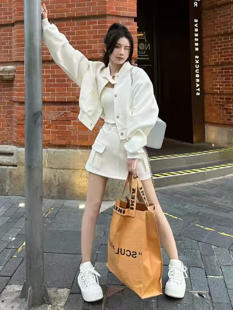 아메리칸 레트로 사선 무늬 야구 외투 반신 치마 세트 t 상세 이미지 7