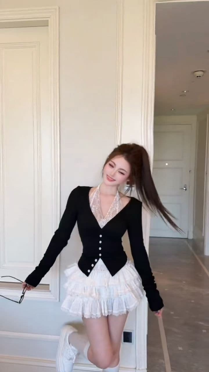 순수한 욕망 바람 V넥 긴팔 티셔츠 여성 이른 가을 새로운 레이스 조각 행침 목 맨위 반신 스커트 투피스 세트 이미지 2
