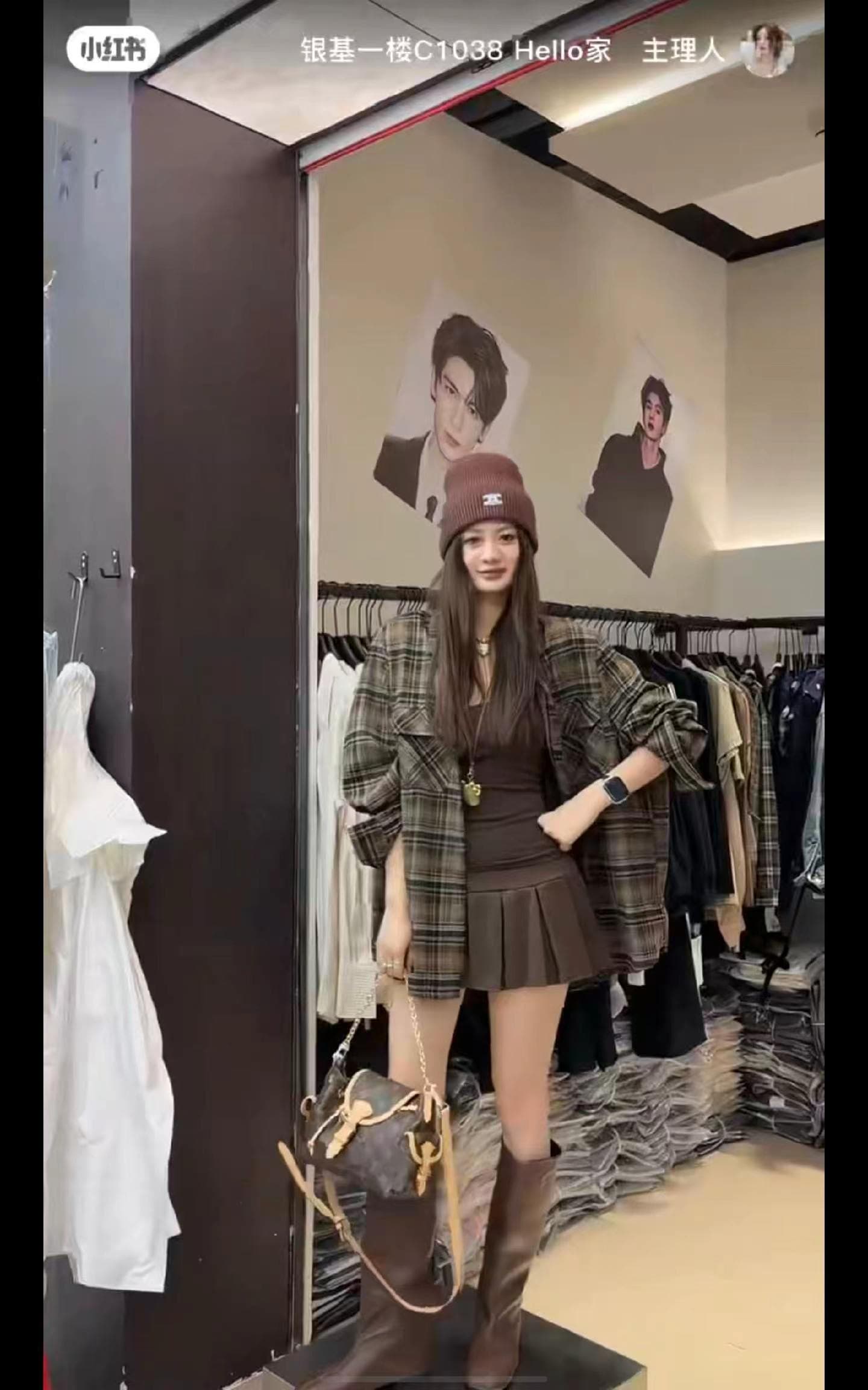한 부서 레트로 배색 체크무늬 연삭 털 긴팔 여성 셔츠 가을 캐주얼 오픈 가디건 조끼 반신 스커트 3종 세트 상세 이미지 1