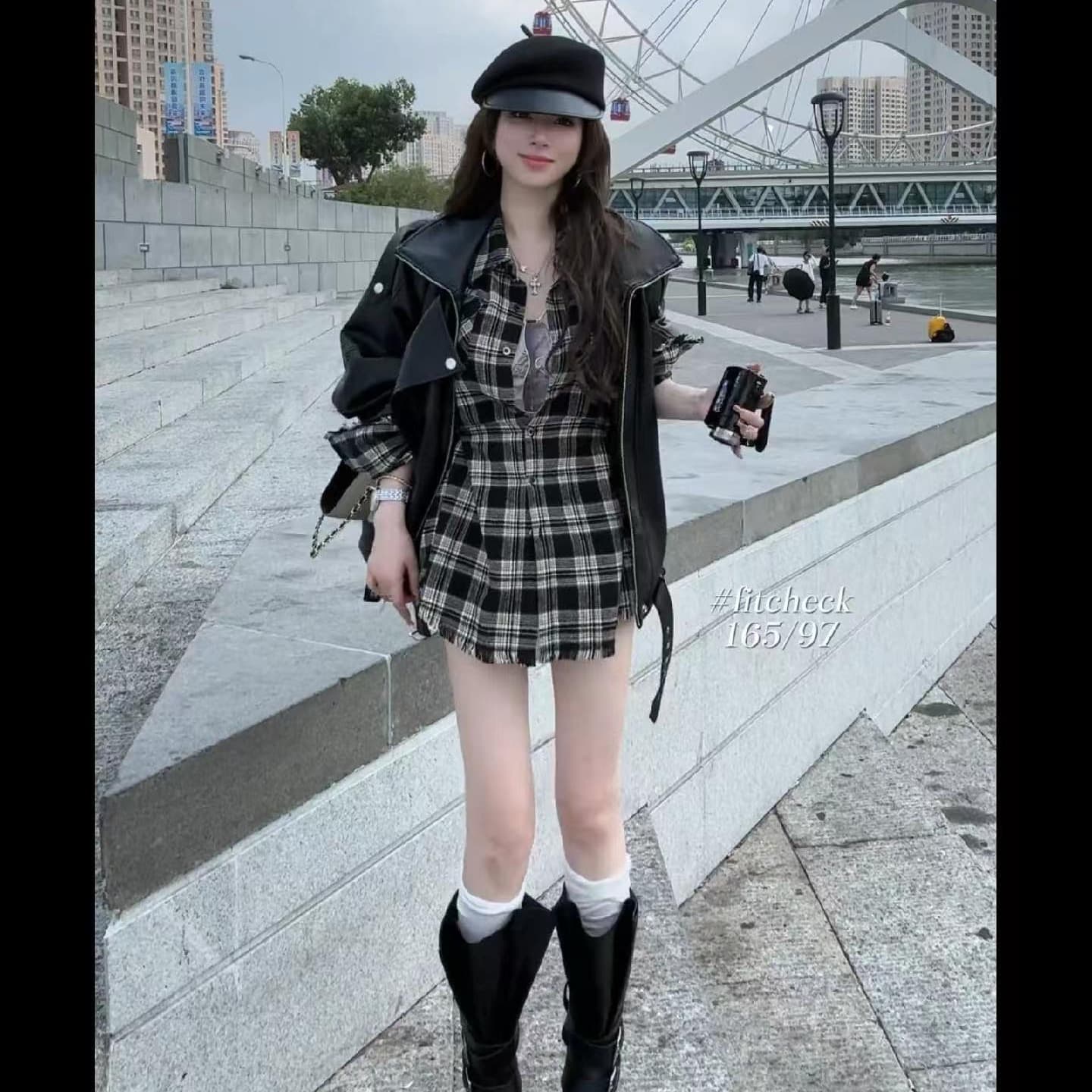 패션 레트로 루즈핏 거친 가장자리 체크무늬 POLO 칼라 셔츠 여성 드레스 가을 카디건 코트 투피스 세트