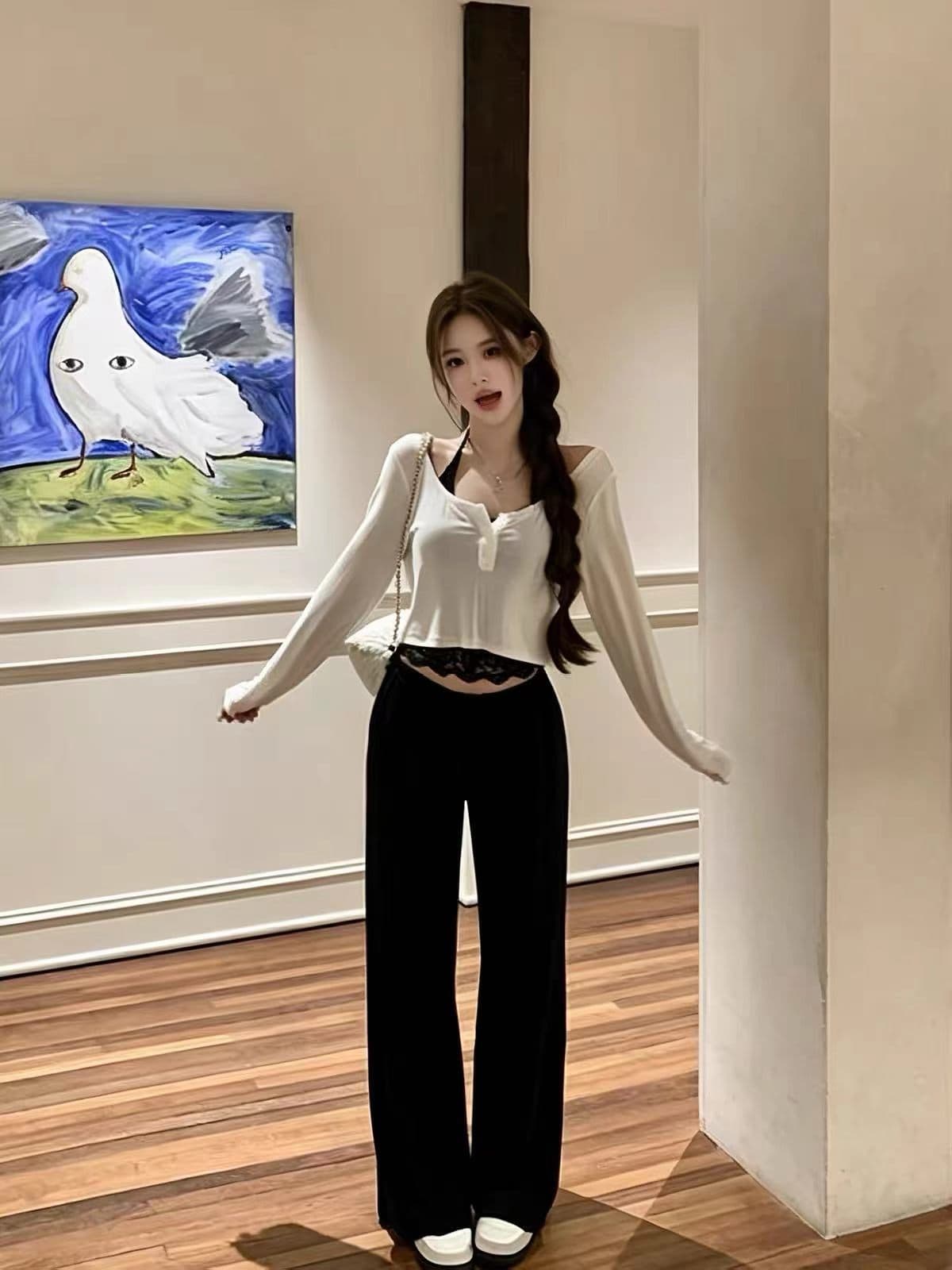 한 부서 미니멀리즘 행침 목 슬립 긴팔 티셔츠 캐주얼 바지 세 조각 여성 세트 가을 스택 착용 슬림해 보이는 세트 이미지 4