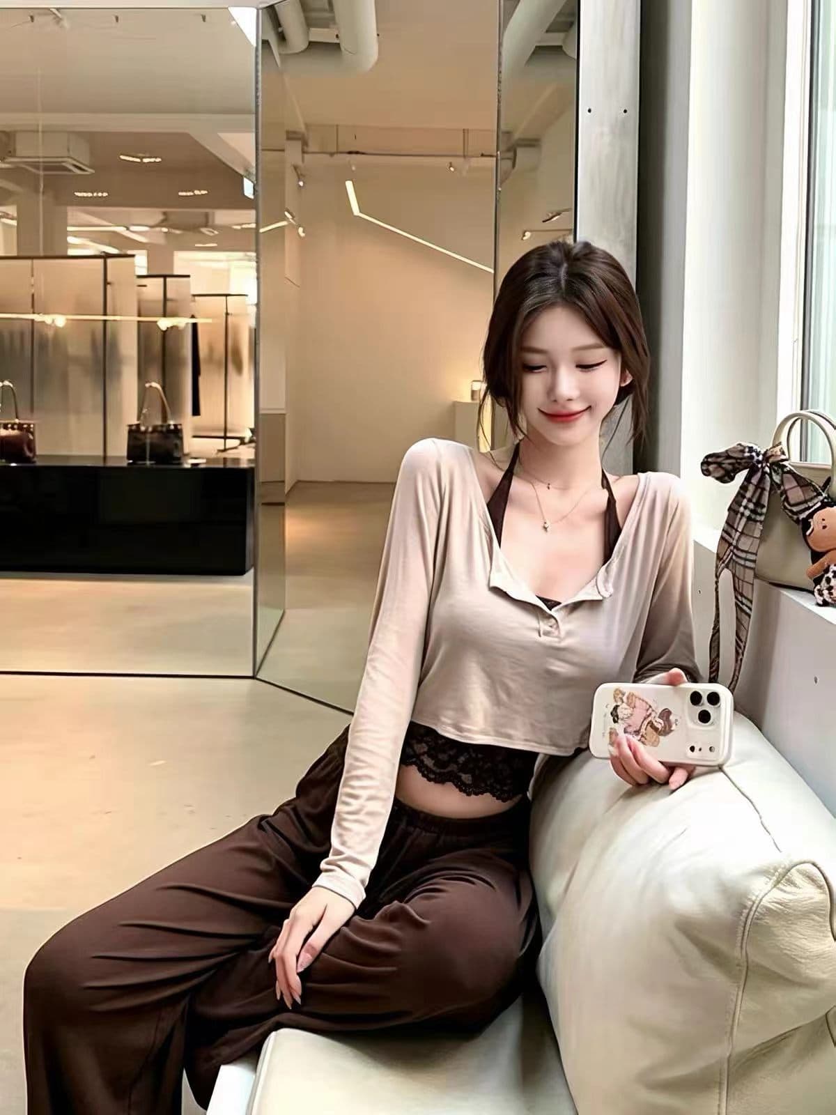 한 부서 미니멀리즘 행침 목 슬립 긴팔 티셔츠 캐주얼 바지 세 조각 여성 세트 가을 스택 착용 슬림해 보이는 세트 상세 이미지 5