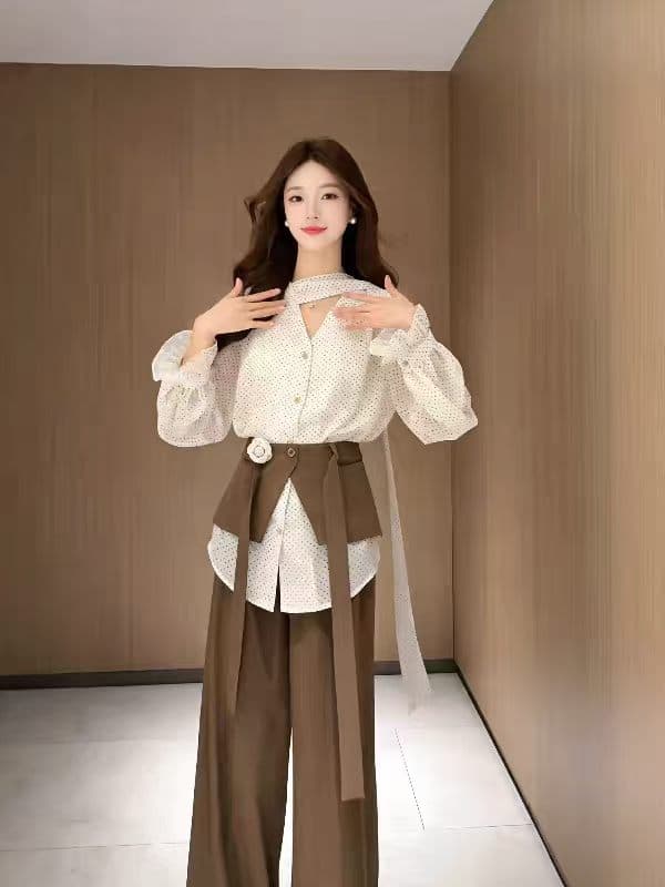 새로운 프랑스식 코치 출퇴근 V넥 도트 무늬 셔츠 하이웨이스트 도루 센스 캐주얼 바지 방귀 커튼 3 세트 상세 이미지 4