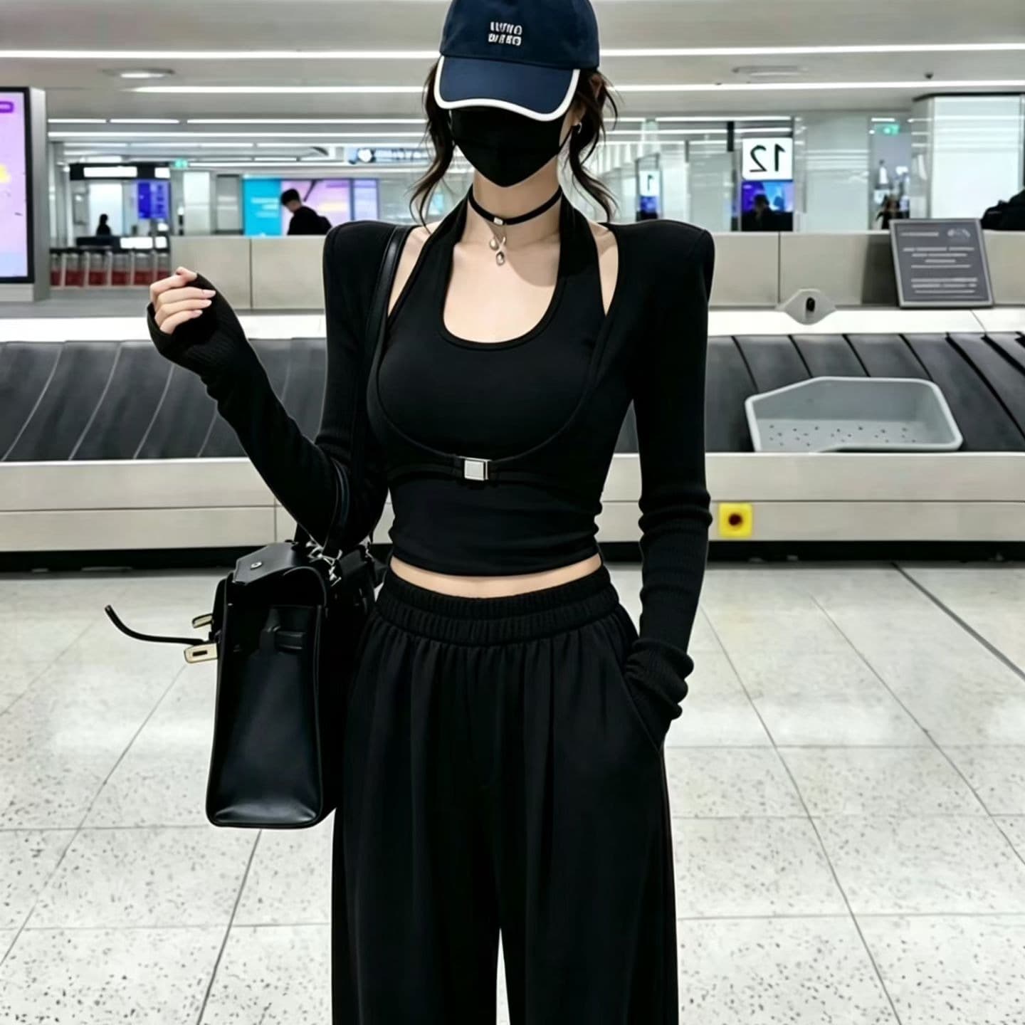 순수한 욕망 바람 페이크 레이어드 행침 목 긴팔 티셔츠 여성 봄 새로운 몸매 가꾸기 기본 셔츠 캐주얼 바지 투피스 세트 이미지 5
