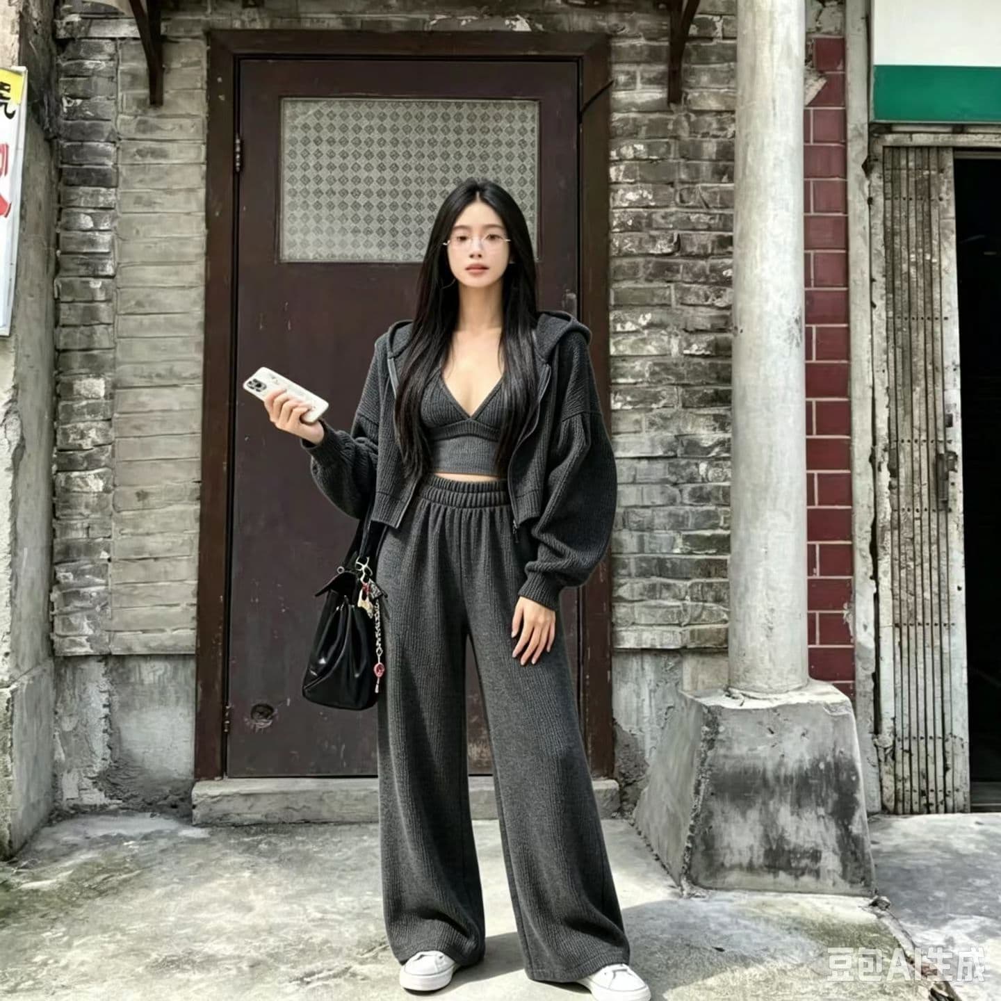 미니멀리즘 운동 몸매 가꾸기 속옷 긴 바지 루즈핏 후드 긴팔 후드티 캐주얼 세트 여성 상세 이미지 4