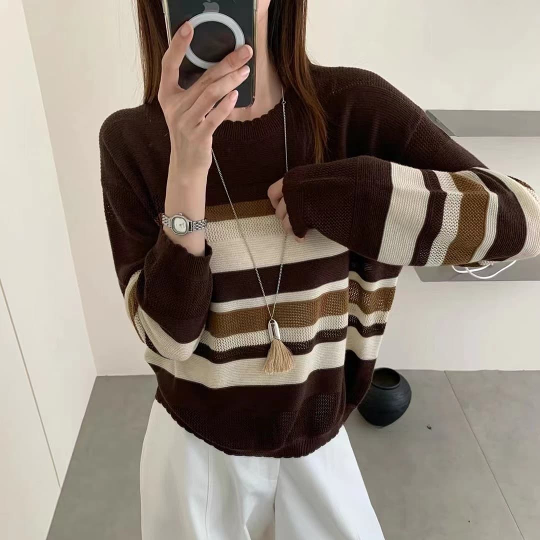 한 부서 패치워크 색상 스트라이프 홀로우 아웃 라운드 넥 긴팔 니트 스웨터 여성 이른 가을 새로운 루즈핏 슬림해 보이는 다용도 맨위 이미지 5