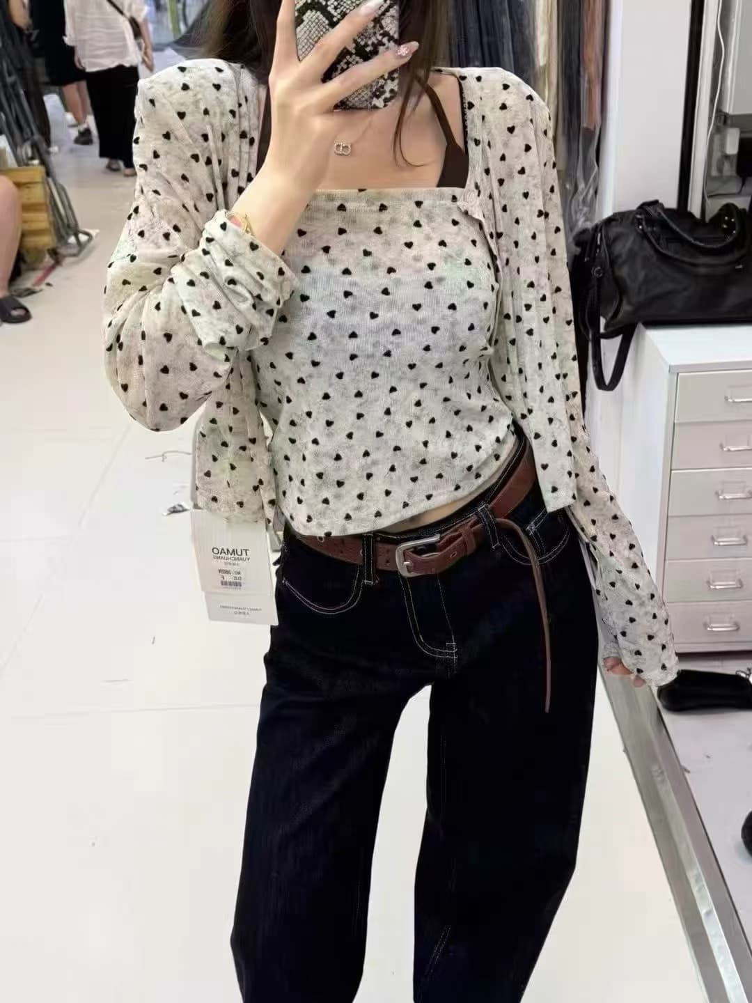 새로운 한 부서 자이언트 잘 생긴 ootd 착용 가져 가라. 도트 무늬 슬립 오픈 가디건 투피스 세트