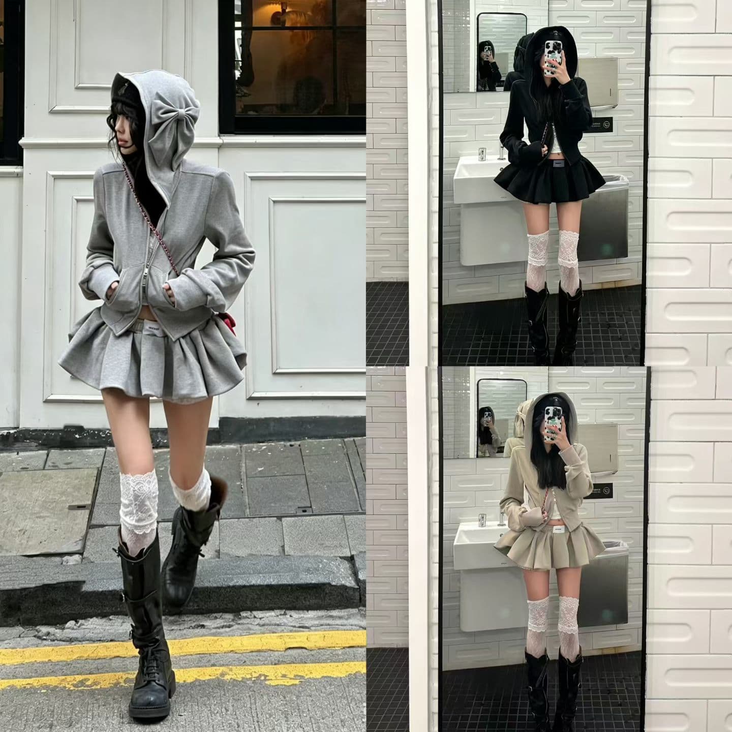 이른 가을 전체 집합 착용 가져 가라. 카키 색 나비 매듭 후드 티 스웨터 여성 작은 키 쇼트 스타일 카디건 코트 세트 상세 이미지 1