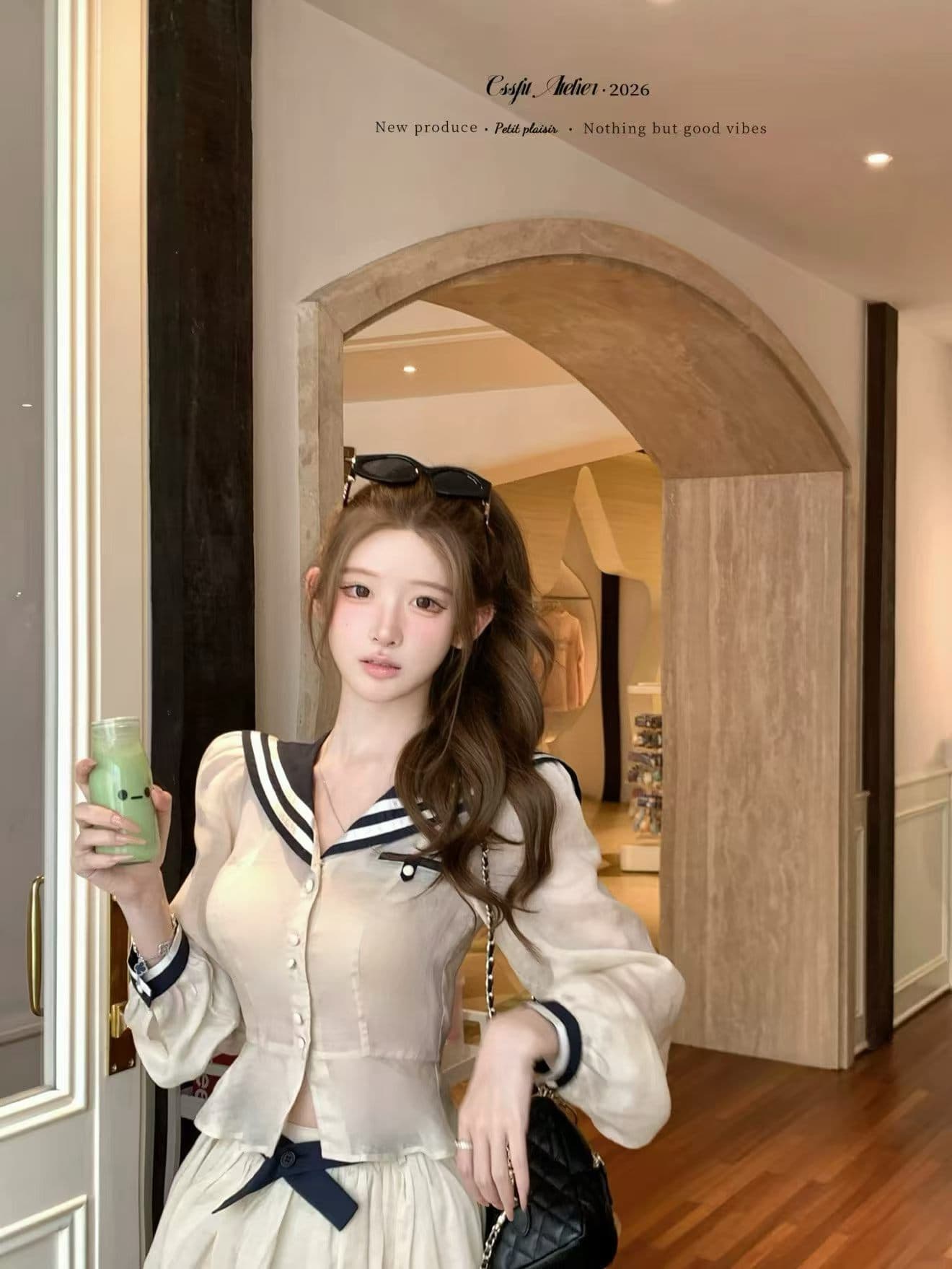 해안 예비 학생 라미 라이 경기 서울 배색 해군 스타일 셔츠 반 스커트 세트 이미지 3