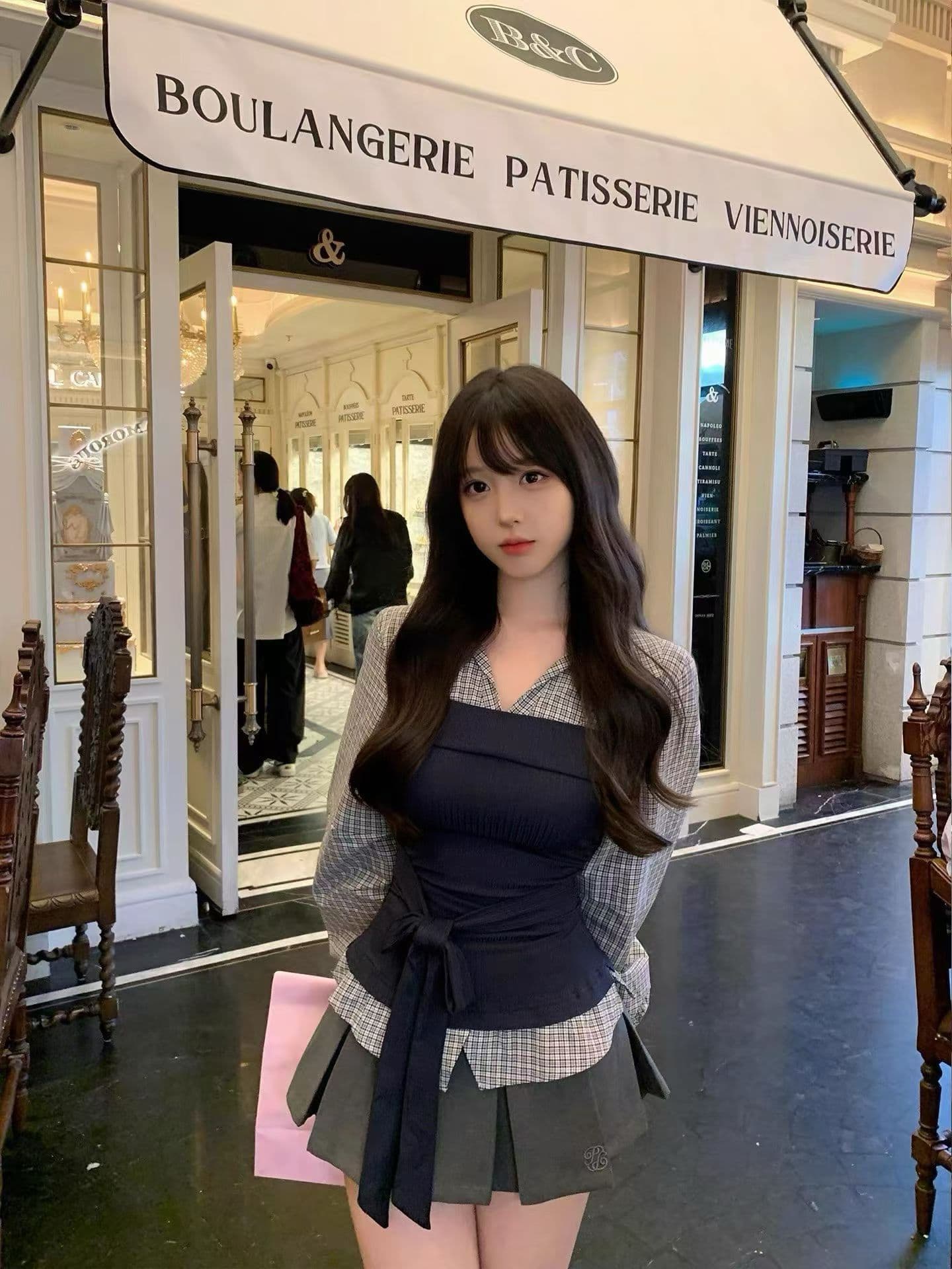 이른 가을 ootd 캐주얼 착용 가져 가라. 디자인 센스 패치워크 페이크 레이어드 셔츠 커플 반신 스커트 투피스 세트 상세 이미지 1