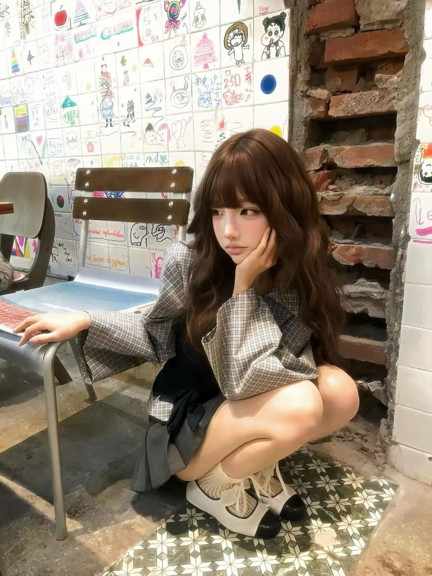 이른 가을 ootd 캐주얼 착용 가져 가라. 디자인 센스 패치워크 페이크 레이어드 셔츠 커플 반신 스커트 투피스 세트 상세 이미지 3