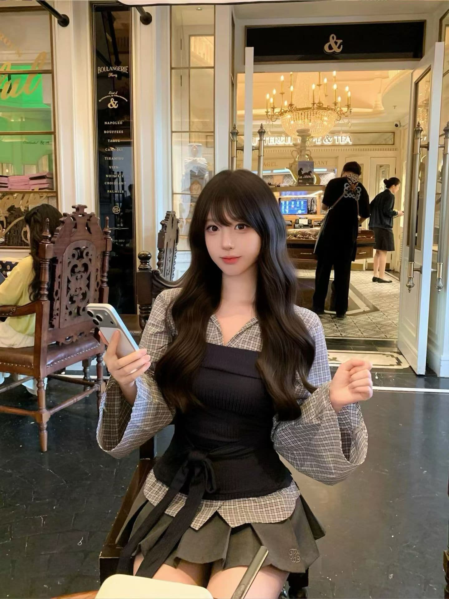 이른 가을 ootd 캐주얼 착용 가져 가라. 디자인 센스 패치워크 페이크 레이어드 셔츠 커플 반신 스커트 투피스 세트 상세 이미지 4