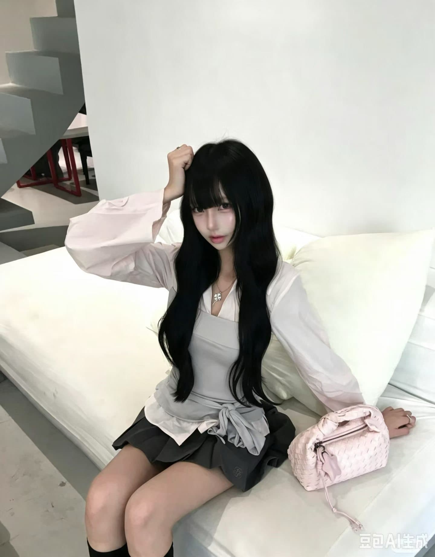 이른 가을 ootd 캐주얼 착용 가져 가라. 디자인 센스 패치워크 페이크 레이어드 셔츠 커플 반신 스커트 투피스 세트 상세 이미지 6