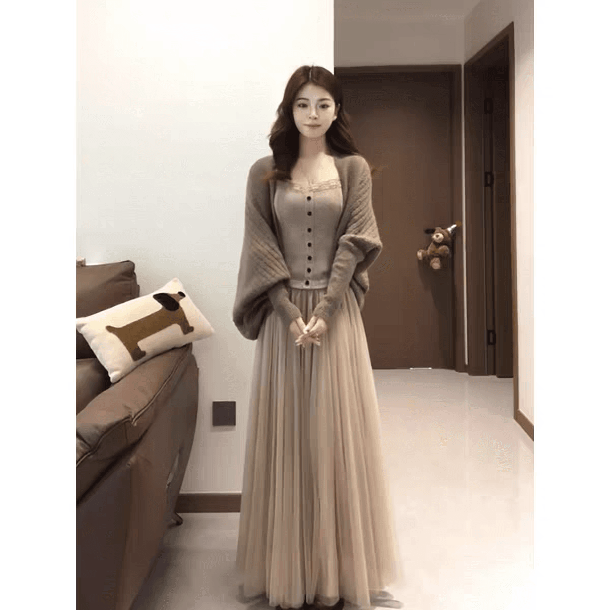 한 부서 착용 가져 가라. 세트 여성 조기 가을 캐주얼 배트윙 소매 니트 오픈 가디건 레이스 슬립 느긋한 부드러운 3종 세트 상세 이미지 5