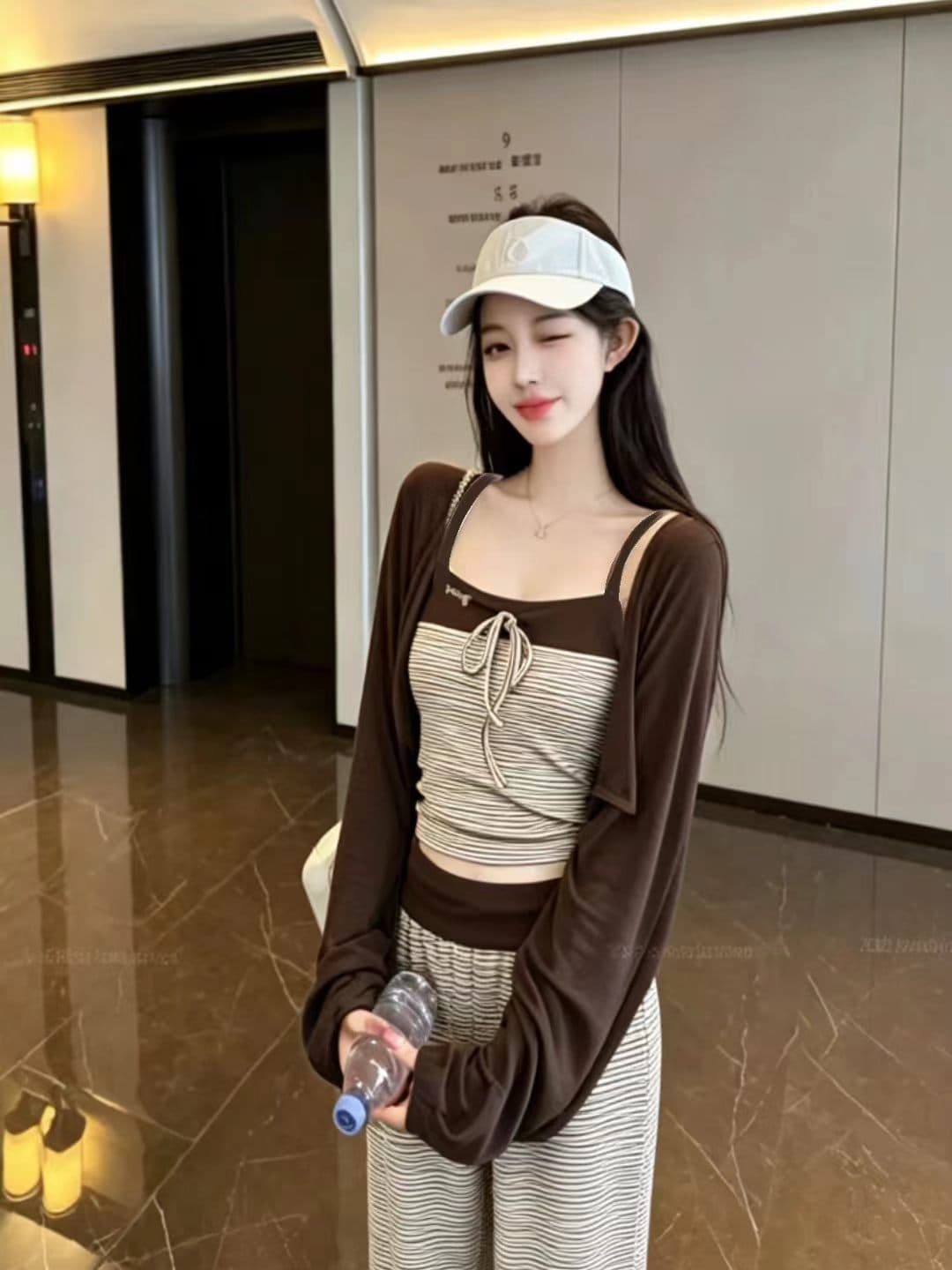 새로운 순수한 욕망 핫걸 캐주얼 아름다운 오픈 가디건 스트라이프 슬립 허리밴드 와이드 레그 팬츠 3종 세트 상세 이미지 2