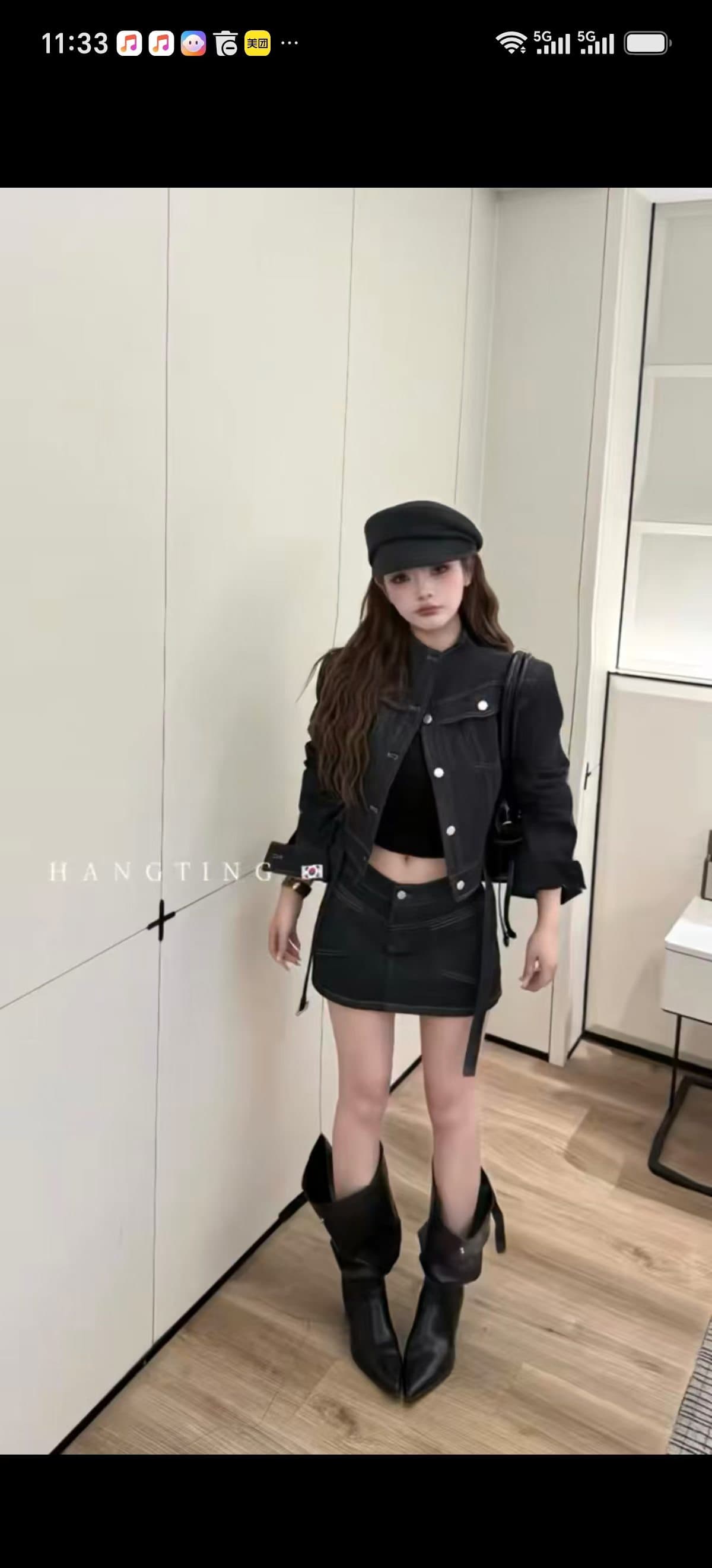 가을 의상 코디 전체 집합 한국 드라마 고급 센스 빛 요리 한 바람 로얄 자매 튀김 거리 데님 재킷 반신 스커트 투피스 세트 상세 이미지 2