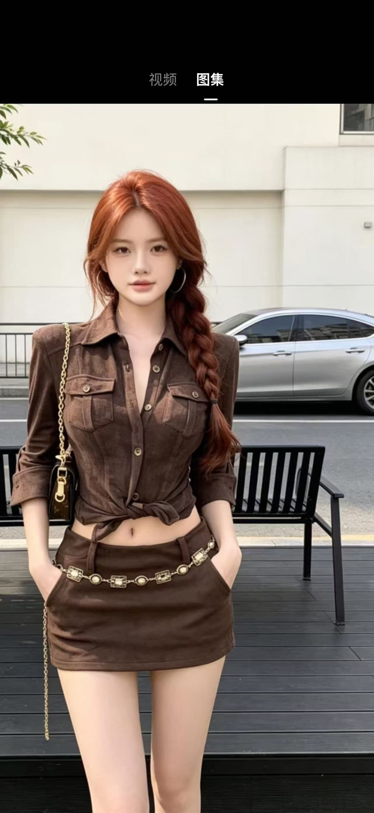 섹시함 핫걸 세트 여성 가을 자이언트 잘 생긴 로얄 자매 품격 브라운 중간 소매 셔츠 타이트 스커트 짧은 치마 투피스 세트 상세 이미지 5
