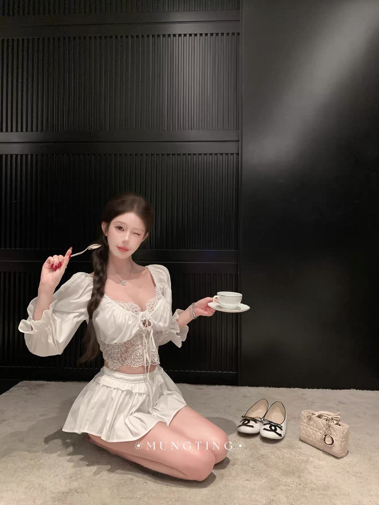 2026 순수한 욕망 레이스 요소 하나 중첩 블라우스 슬립 반 스커트 세트 상세 이미지 8