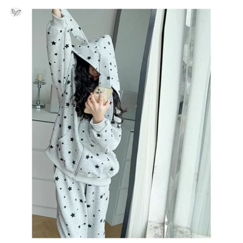 아메리칸 별 전체 인쇄 토끼 귀 후드 티 스웨터 여성 가을 겨울 느긋한 바람 루즈핏 캐주얼 투피스 슈트 상세 이미지 2