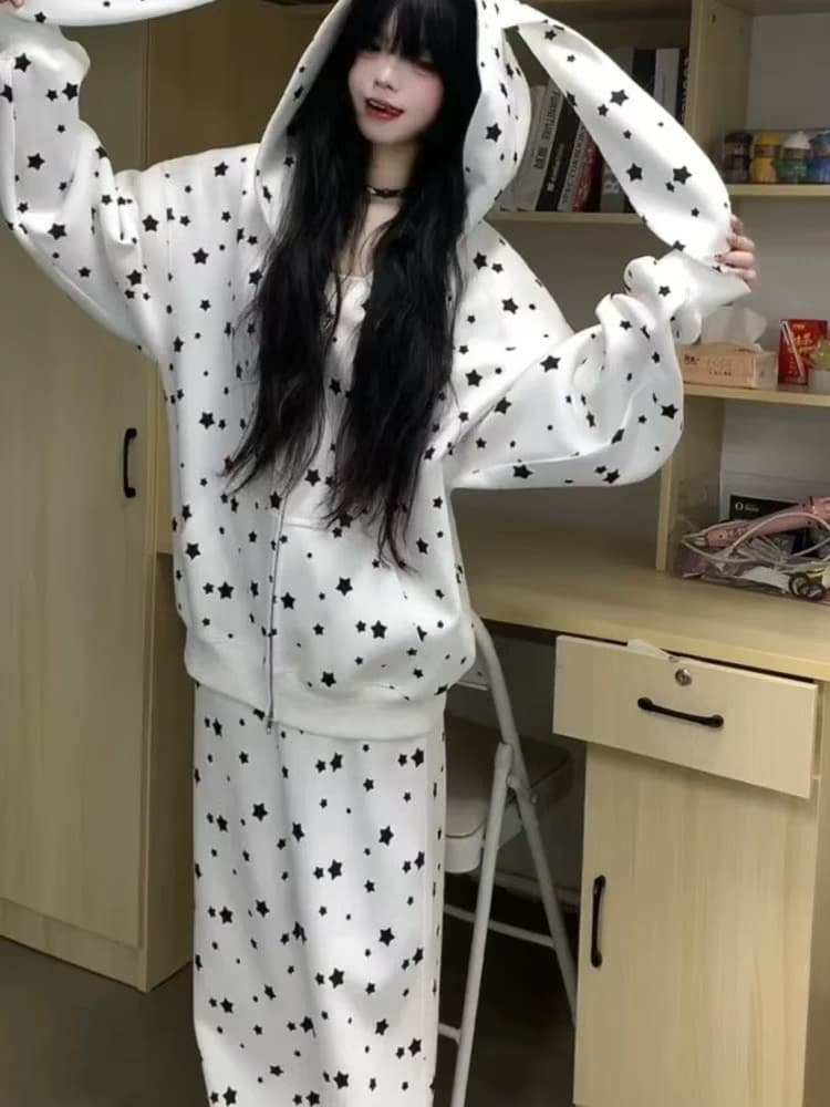 아메리칸 별 전체 인쇄 토끼 귀 후드 티 스웨터 여성 가을 겨울 느긋한 바람 루즈핏 캐주얼 투피스 슈트 상세 이미지 4