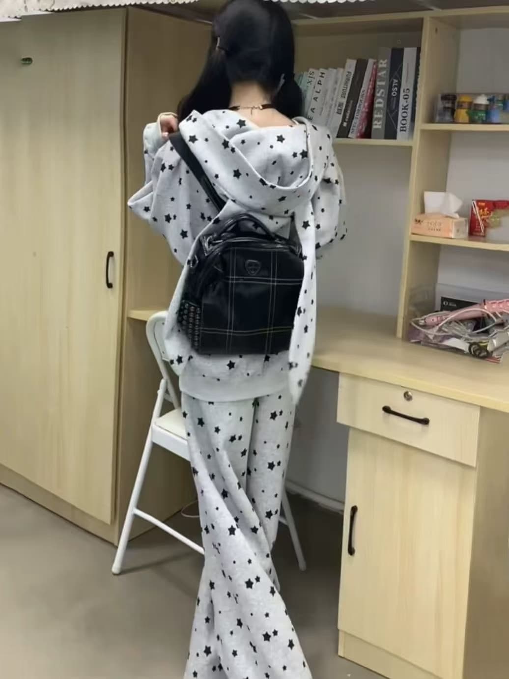 아메리칸 별 전체 인쇄 토끼 귀 후드 티 스웨터 여성 가을 겨울 느긋한 바람 루즈핏 캐주얼 투피스 슈트 상세 이미지 7