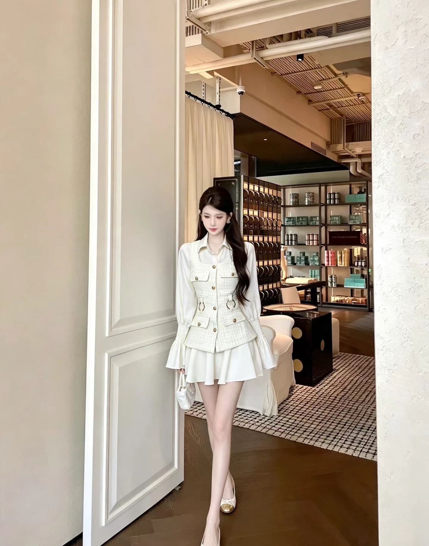 프랑스식 작은 샤넬 스타일 세트 여성 이른 가을 새로운 캐미솔 맨위 반 스커트 품격 투피스 세트 상세 이미지 5