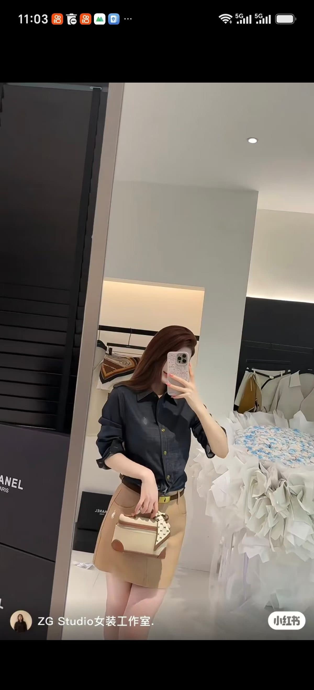 오래된 돈 자수 중간 소매 캐주얼 여성 셔츠 카키 색 캐주얼 반신 스커트 투피스 세트 이미지 3