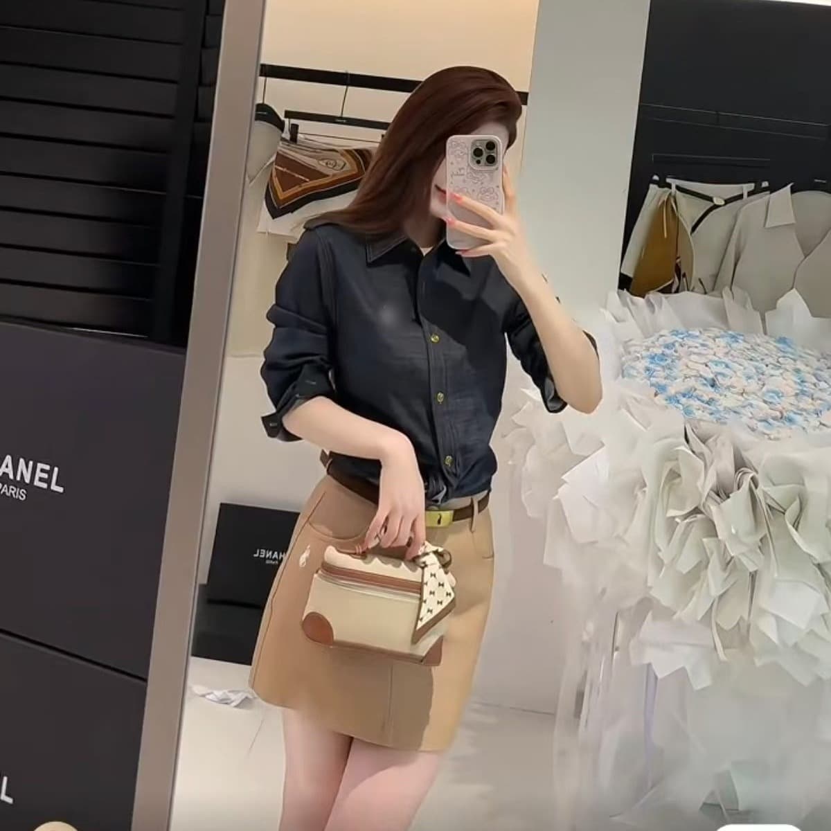 오래된 돈 자수 중간 소매 캐주얼 여성 셔츠 카키 색 캐주얼 반신 스커트 투피스 세트