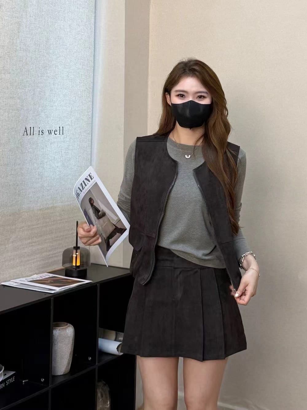 가을 켜기 새로운 폭발 미니멀리즘 출퇴근 베스트 반신 스커트 긴팔 맨위 세 조각 세트 상세 이미지 2