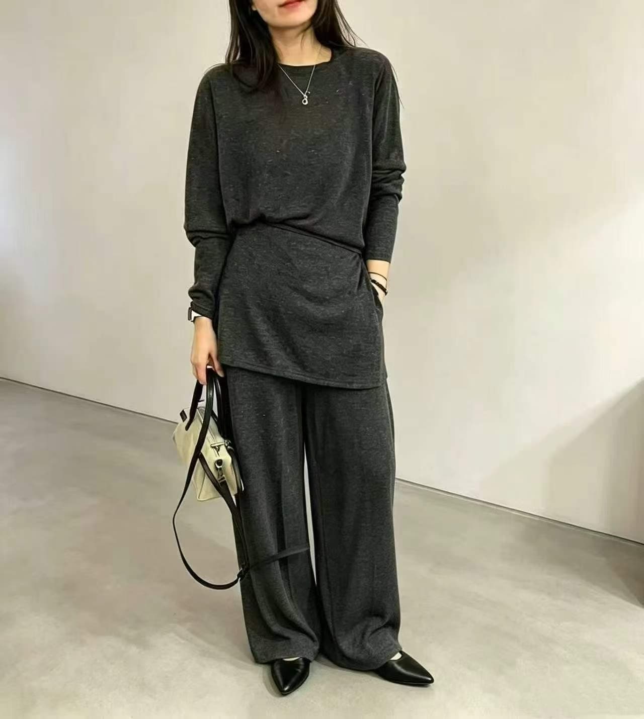 새로운 한국 스타일 패션 풀오버 루즈핏 후드티 허리밴드 방귀 커튼 와이드 레그 팬츠 세트