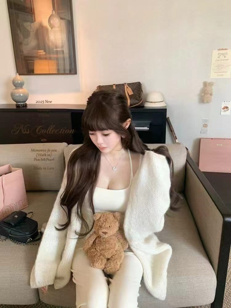 새로운 여성 의류 부드러운 찹쌀 루즈핏 녹색 스웨터 오픈 가디건 한국 스타일 레트로 느긋한 바람 조끼 캐주얼 바지 3종 세트 상세 이미지 2