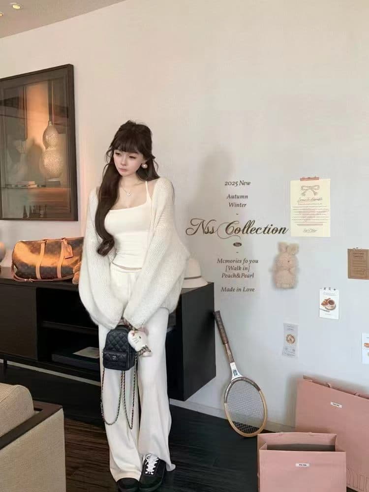 새로운 여성 의류 부드러운 찹쌀 루즈핏 녹색 스웨터 오픈 가디건 한국 스타일 레트로 느긋한 바람 조끼 캐주얼 바지 3종 세트 상세 이미지 6