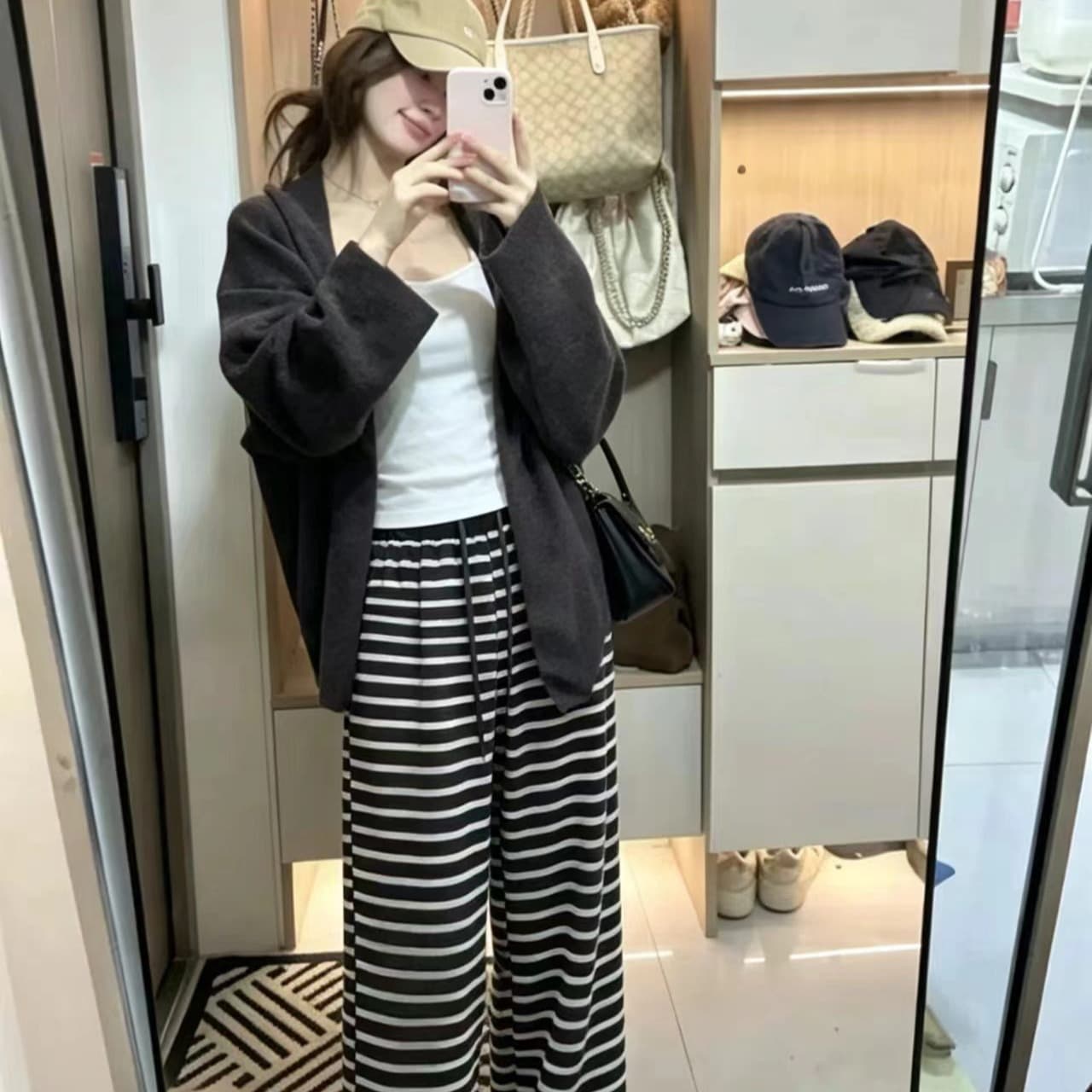 가을 새로운 한 부서 인사이드 가져 가라. 스웨터 코트 스트라이프 바지 3종 세트 이미지 5