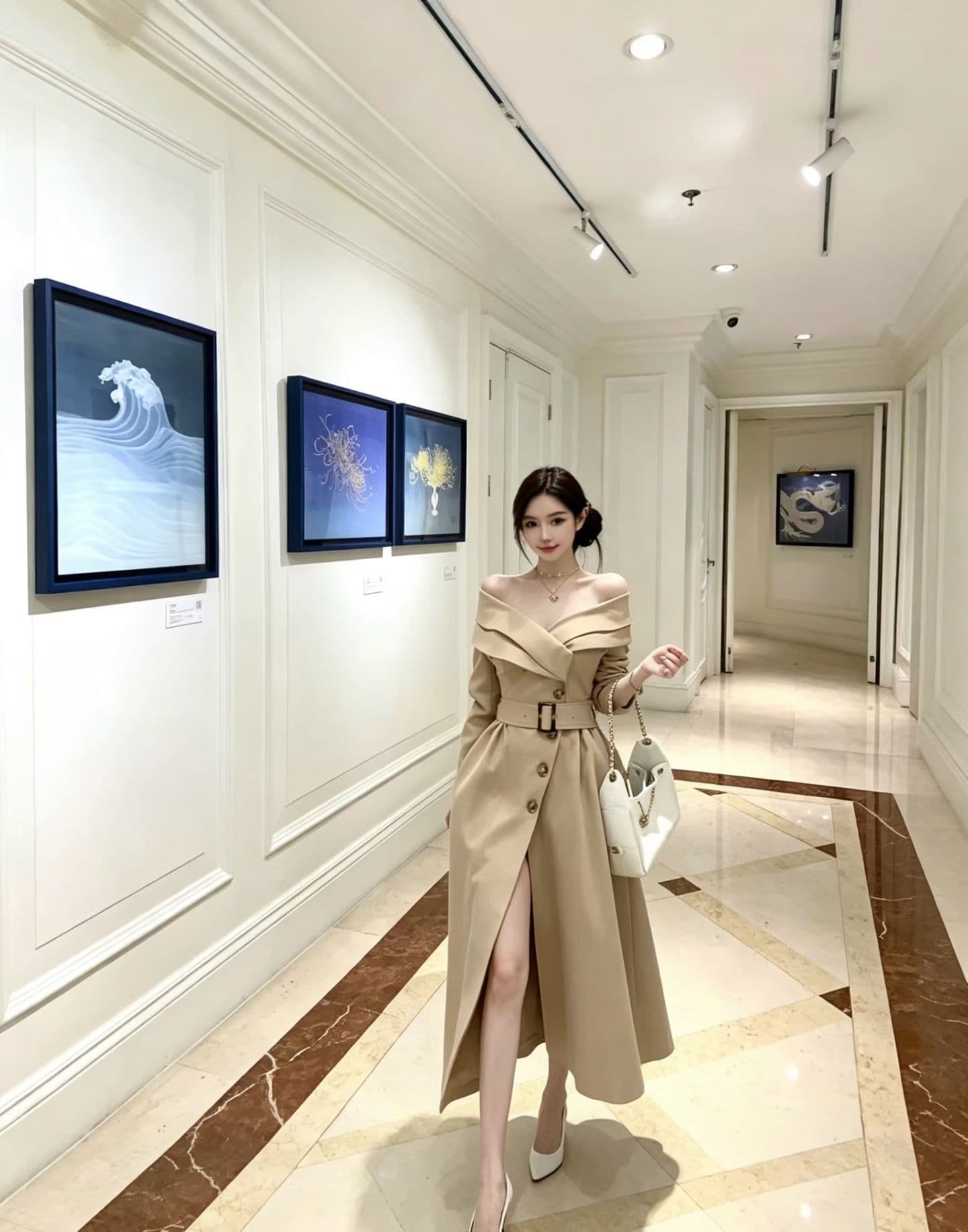 가을 품격 빅 칼라 이중 버튼 허리 수축 슬림해 보이는 바람막이 롱 코트 재킷 드레스 벨트 포함 여성 이미지 2