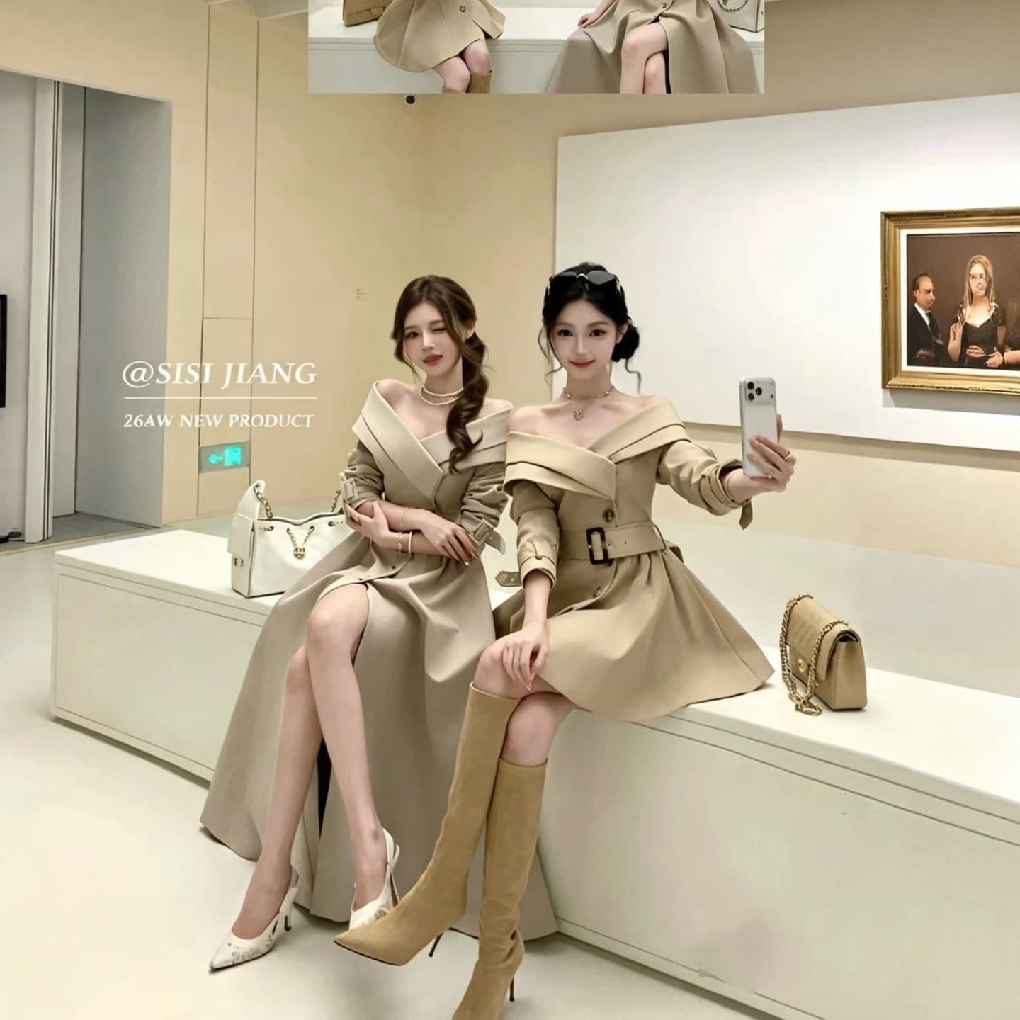 가을 품격 빅 칼라 이중 버튼 허리 수축 슬림해 보이는 바람막이 롱 코트 재킷 드레스 벨트 포함 여성 이미지 5