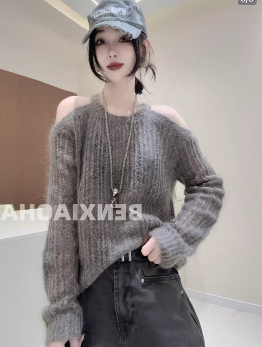 한국 chic 가을 품격 다용도 라운드 넥 홀로우 아웃 오프숄더 디자인 센스 작은 대중 루즈핏 긴팔 니트 스웨터 여자 상세 이미지 9