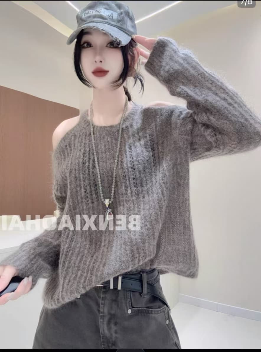 한국 chic 가을 품격 다용도 라운드 넥 홀로우 아웃 오프숄더 디자인 센스 작은 대중 루즈핏 긴팔 니트 스웨터 여자 상세 이미지 10