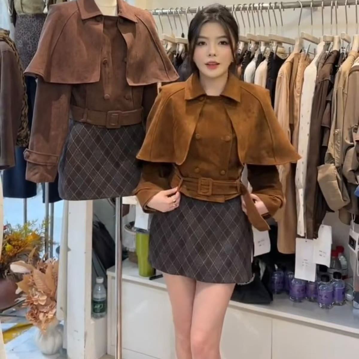 가을 켜기 새로운 이순신 희 이중 버튼 긴팔 짧은 외투 체크무늬 반신 치마 세트 벨트 포함