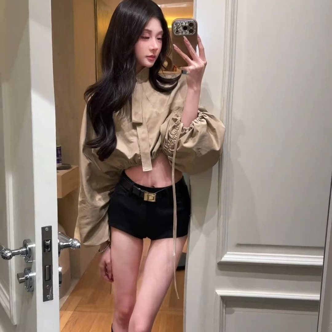펌프 로프 스탠드 칼라 셔츠 벌룬 소매 펌프 Pleat 짧은 외투 가을 재킷 폭발 2026 새로운 캐주얼 바지 투피스 세트