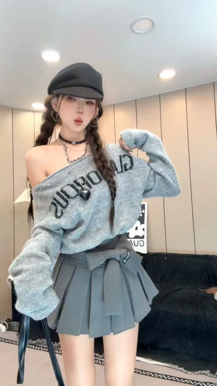한 부서 연령 감소 오프숄더 알파벳 프린트 긴팔 맨위 프릴 퍼프 반신 스커트 이른 가을 착용 가져 가라. 세트 이미지 3