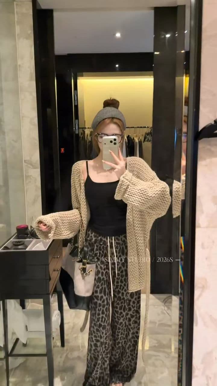 프랑스식 홀로우 아웃 니트 오픈 가디건 여성 V넥 긴팔 순수한 욕망 슬림해 보이는 맨위 조끼 캐주얼 바지 3종 세트 상세 이미지 1