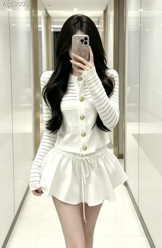 작은 샤넬 스타일 구덩이 기사 니트 오픈 가디건 여성 26 이른 가을 새로운 금속 버클 다용도 맨위 반신 스커트 투피스 세트 이미지 2