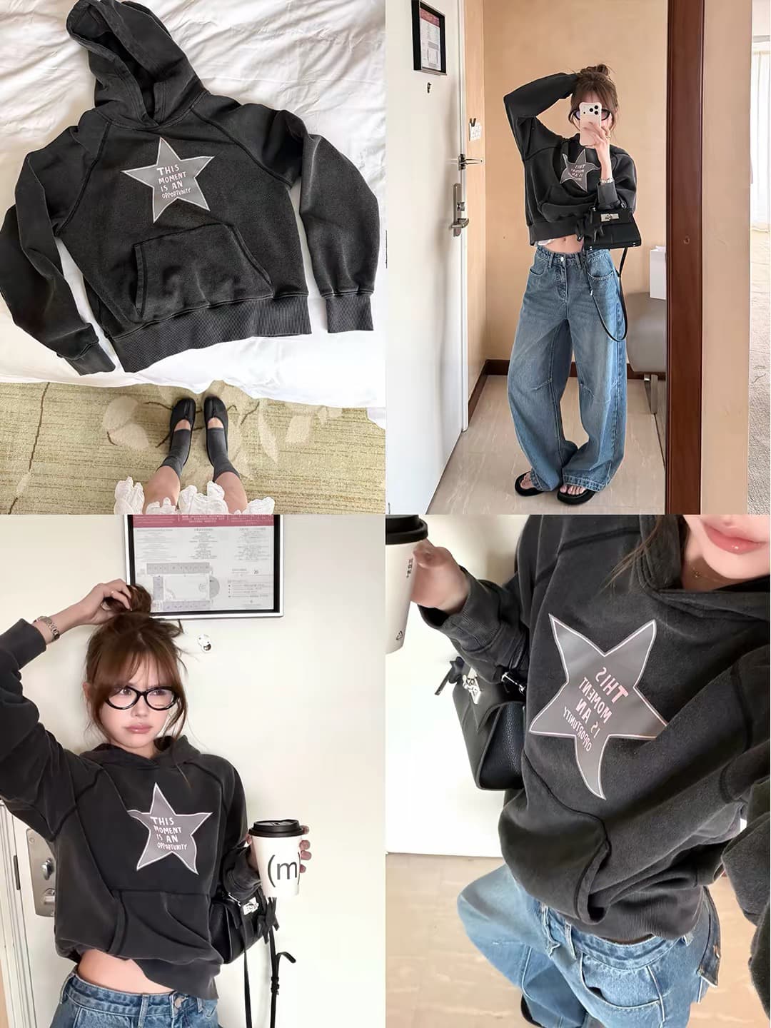 yookson vintage star 높음 그램 무거운 부드럽다 마 오래된 오각형 별 루즈핏 후드 티 스웨터 여성 이미지 4