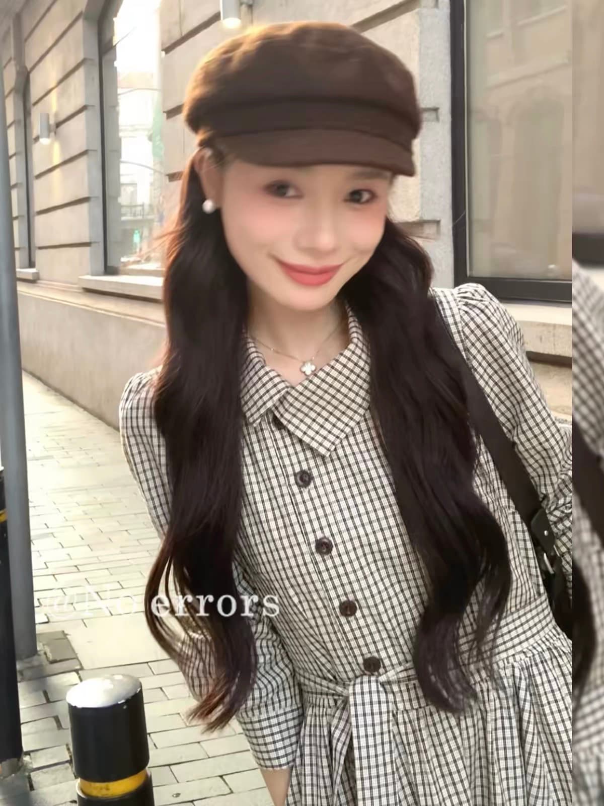 7 29 19 00 신제품 판매 처음 플러스 구매 런던 길모퉁이 레트로 체크무늬 긴팔 드레스 이미지 4