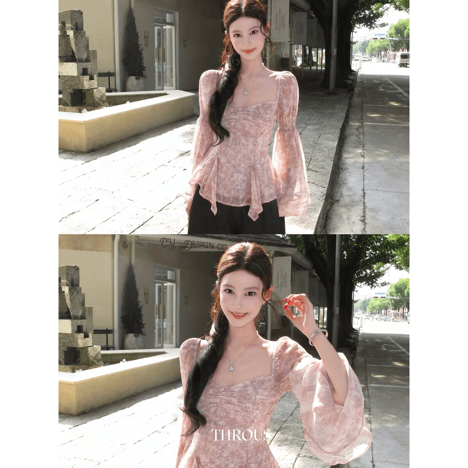감사합니다. 아니요 고기 광장 칼라 펌프 Pleat 나팔 소매 프릴 시폰 셔츠 여성 가을 부드러운 디자인 센스 몸매 가꾸기 맨위 이미지 5