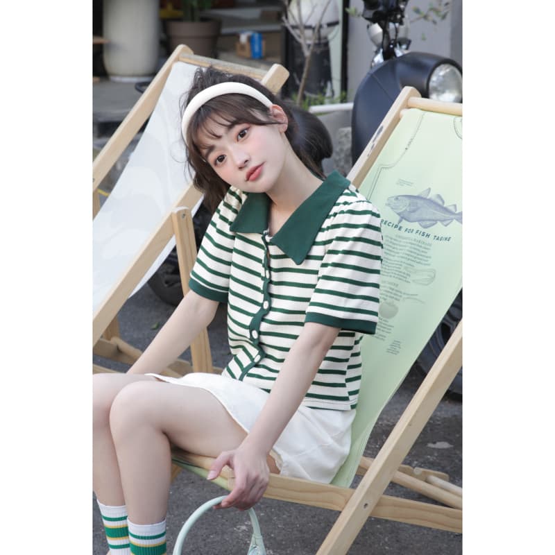 POLO 칼라 녹색 스트라이프 반팔 여성 셔츠 2026 여름 새로운 디자인 센스 작은 대중 핫걸 짧은 맨위 이미지 4