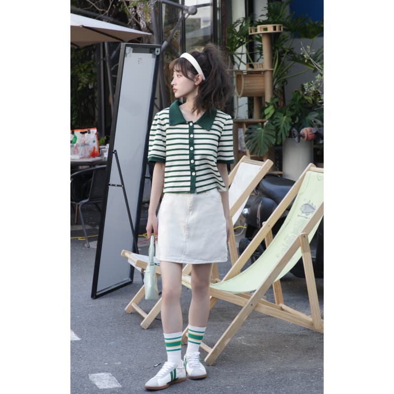 POLO 칼라 녹색 스트라이프 반팔 여성 셔츠 2026 여름 새로운 디자인 센스 작은 대중 핫걸 짧은 맨위