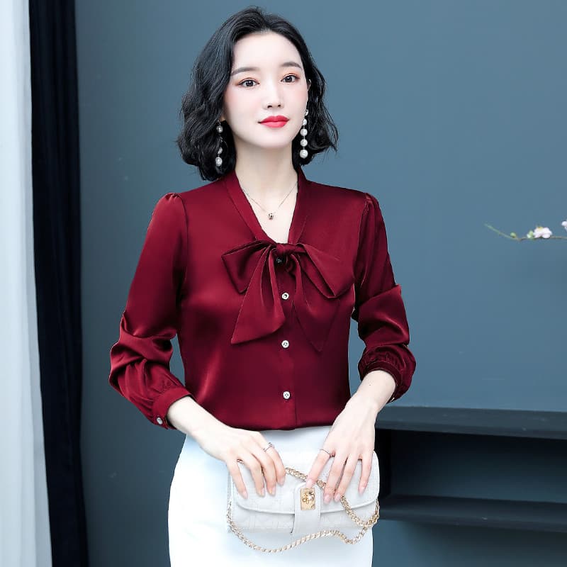 실사 실크 여성 셔츠 봄 긴팔 2026 새로운 패션 외국 가스 나비 매듭 칼라 뽕나무 누에 실크 맨위 작업복 이미지 4