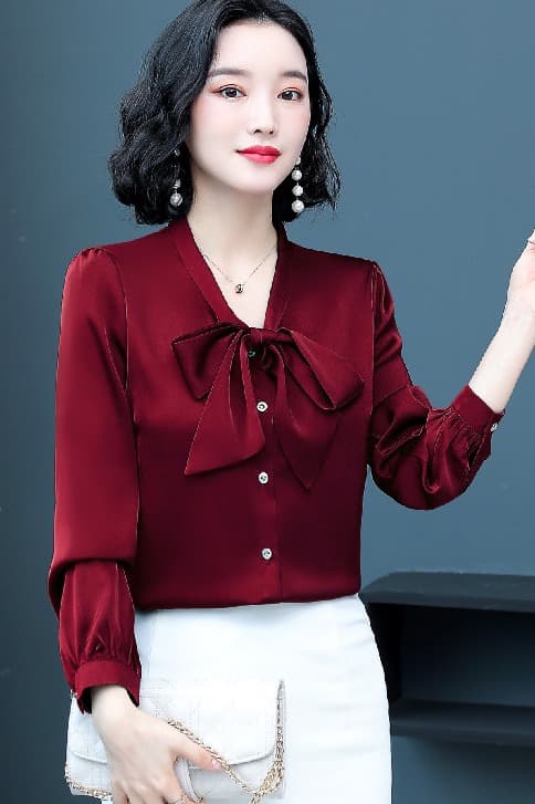 실사 실크 여성 셔츠 봄 긴팔 2026 새로운 패션 외국 가스 나비 매듭 칼라 뽕나무 누에 실크 맨위 작업복 이미지 6